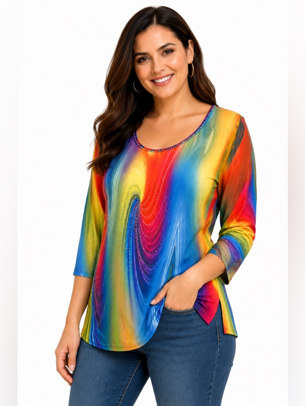 Valentina Multicolor Swirl V-Neck Blouse with Rhinestone Trim